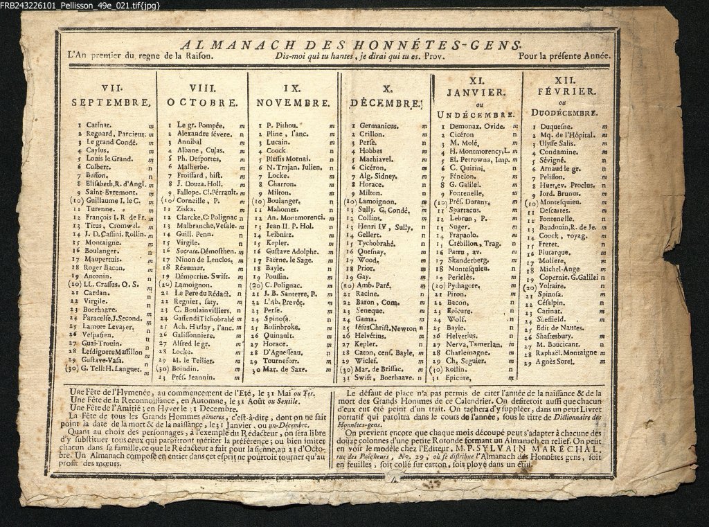 L'almanach des honnêtes gens, an premier du règne de la Raifon, septembre à février.