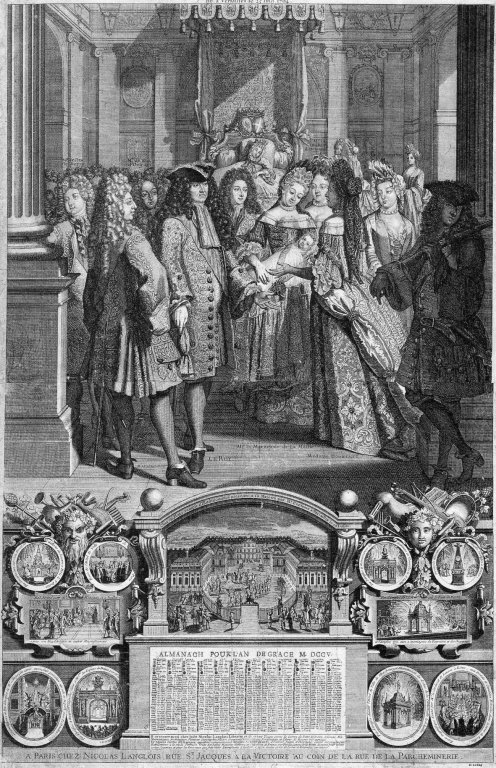 Almanach Royal de 1705. Naissance du duc de Bretagne, arrière-petit fils de Louis XIV, le 25 juin 1704.