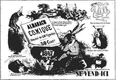 Composition de Amédée de Noé dit CHAM pour une affiche annonçant l'Almanach Comique de 1847.
