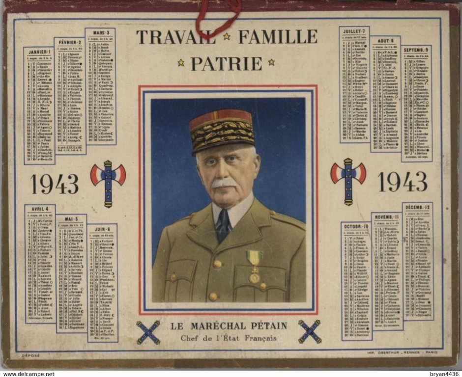Calendrier de 1943 à l’effigie du maréchal Pétain