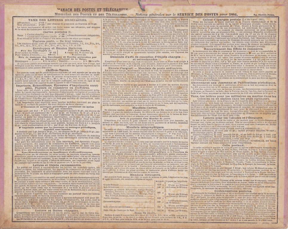 Almanach des Postes et des Télégraphes 1884 - Verso