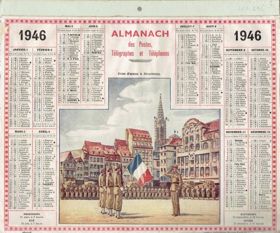 Calendrier de 1946, prise d'armes à Strasbourg, recto