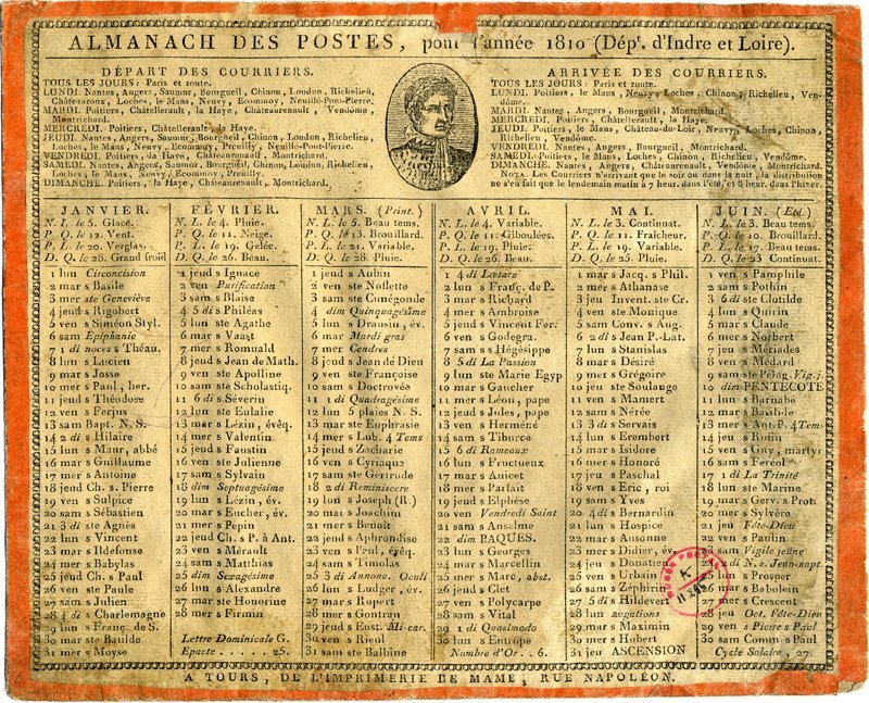 Almanach des Postes 1810 pour l'Indre-et-Loire, on y voit Napoléon 1er, empereur