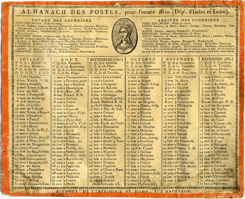 Almanach des Postes 1810 pour l'Indre-et-Loire, on y voit Joséphine de Beauharnais, impératrice