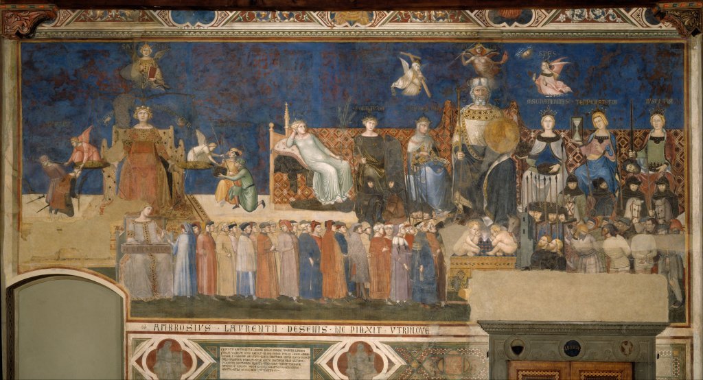 Allégorie du Bon Gouvernement, qui est le mur nord de l'ensemble de fresque d'Ambrogio Lorenzetti