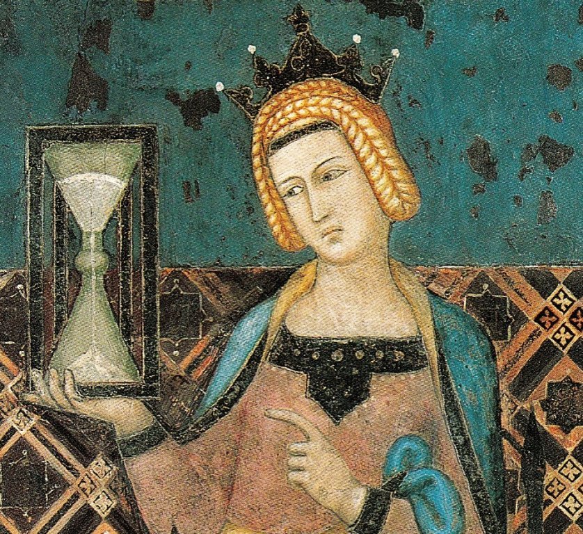 Une partie de la fresque peinte par Ambroglio Lorenzetti qui se trouve au Palazzo Publico de Sienne date de 1338. On voit un des personnages tenir un sablier symbole de tempérance.
