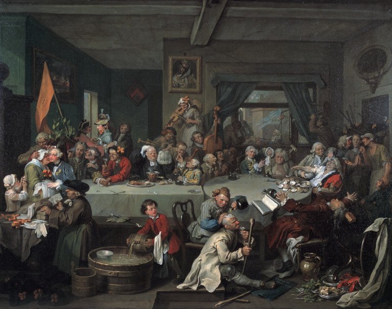 William Hogarth, Le Repas à l’auberge, huile sur toile, premier sujet de la série « The Election », 1754-1755. Sir John Soane’s Museum, Londres.