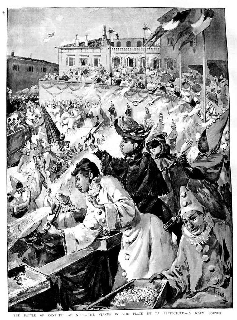Illustration pour « The Graphic » de la bataille de confetti à Nice (place de la Préfecture) (mars 1891).