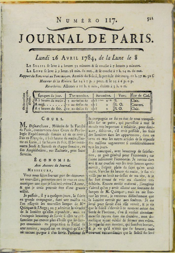 Traduction française de la première page de l'écrit du 26 avril 1784 de Benjamin Franklin au « Journal de Paris ».