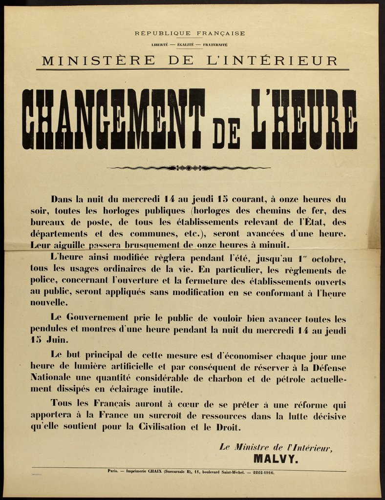 Affiche du ministère de l'intérieur annonçant le changement de l'heure en 1916 en France.