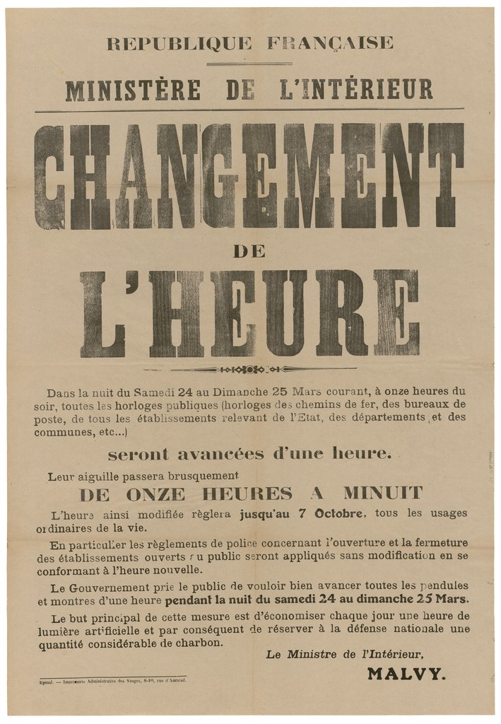 Affiche du ministère de l'intérieur annonçant le changement de l'heure en 1917 en France.