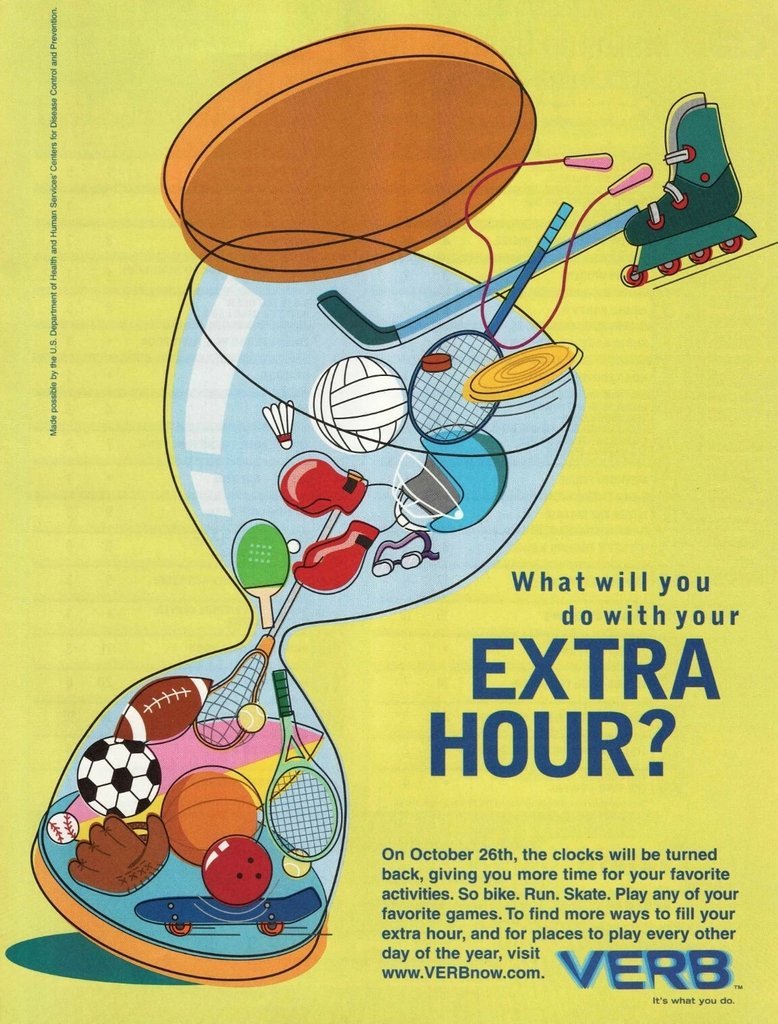 Affiche de la marque Verb : « Que ferez-vous de cette heure en plus ? » (2002).