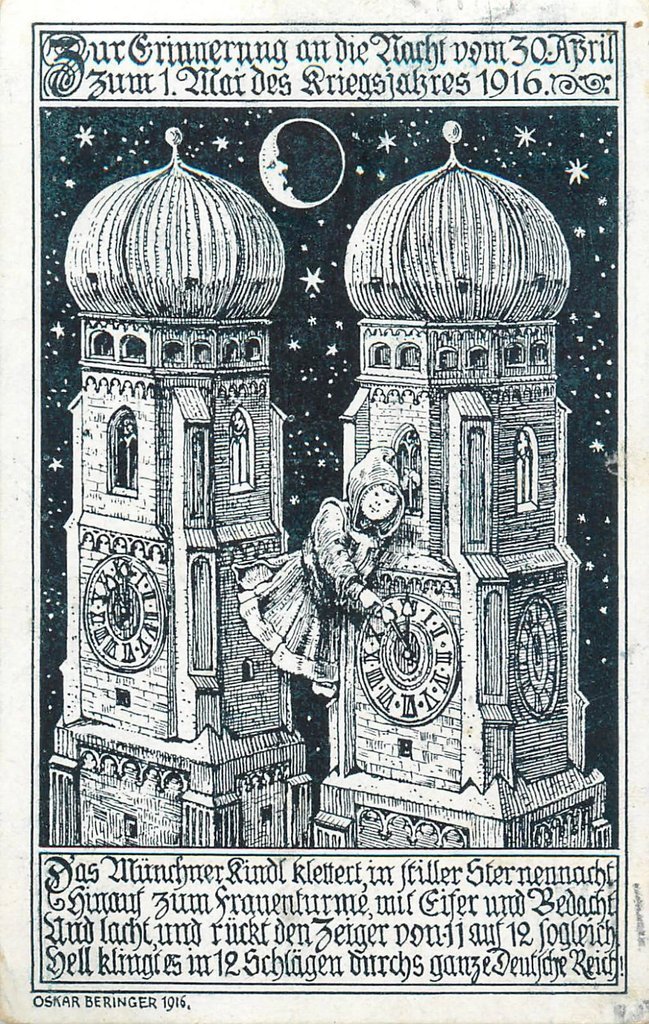 Carte postale spécialement éditée pour l'introduction de l'heure d'été en Allemagne en 1916. Dans la nuit du 30 avril au 1er mai, le Münchner Kindl (symbole de la ville de Münich) grimpe en haut des tours de la Frauenkirche pour avancer les horloges d'une heure.