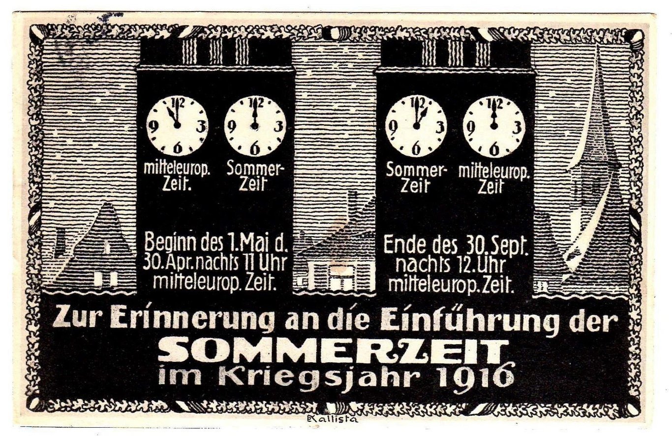 Carte postale allemande de 1916 récapitulant les dates et heures de la première mise en application de l'heure d'été dans le pays.