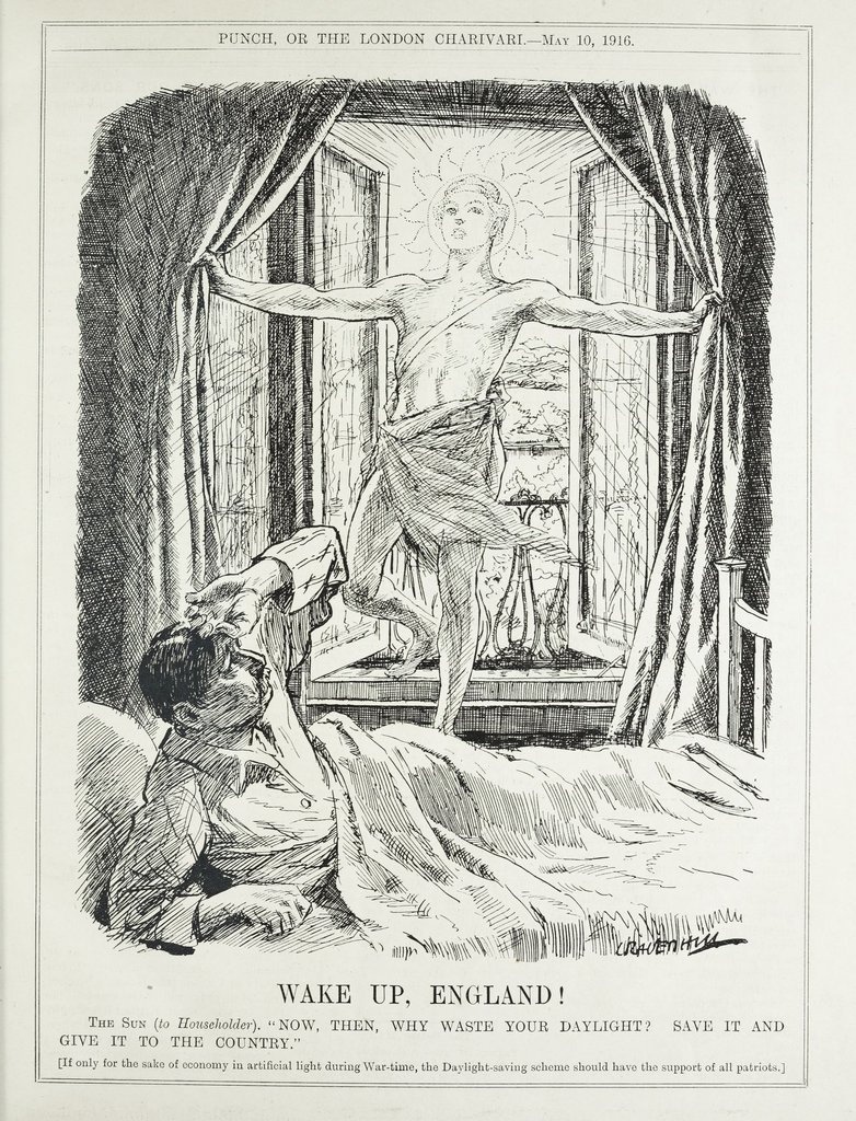 Illustration diffusée le 10 mai 1916 dans le magazine "Punch" : « Réveille-toi, Angleterre ! » [Message illustré : Le soleil (au chef de famille) :] « Alors, pourquoi gaspiller la lumière du jour ? Économisez-la et offrez-la à la patrie. » (Ne serait-ce que pour économiser l’éclairage artificiel en temps de guerre, le passage à l’heure d’été devrait avoir le soutien de tous les patriotes.)