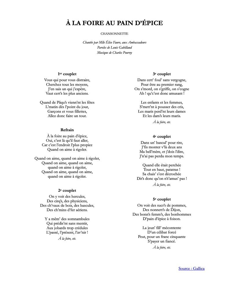 Paroles de la chansonnette « À la foire au pain d'épice » (Louis Gabillaud et Charles Pourny)