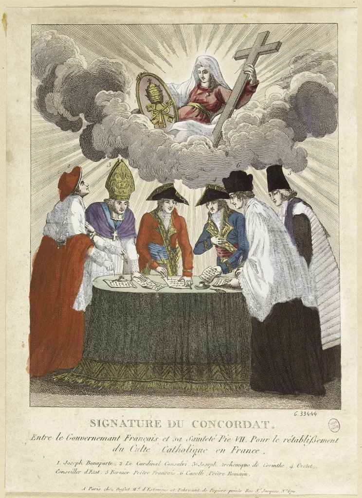 Signature du Concordat de 1801 (graveur anonyme). Ce texte établit les relations entre la France et l‘Église catholique.