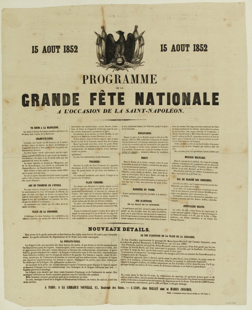 15 août 1852 : Programme de la Grande fête Nationale à l'occasion de la Saint-Napoléon.