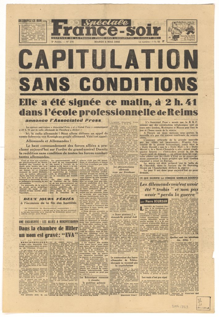 Edition spéciale du journal "France-Soir" du 8 mai 1945.