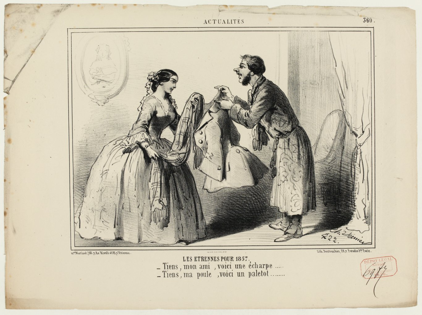 Échange d'étrennes en 1857 : "Tiens, mon ami, voici une écharpe… - Tiens, ma poule, voici un paletot…" (Estampe de Charles Vernier).