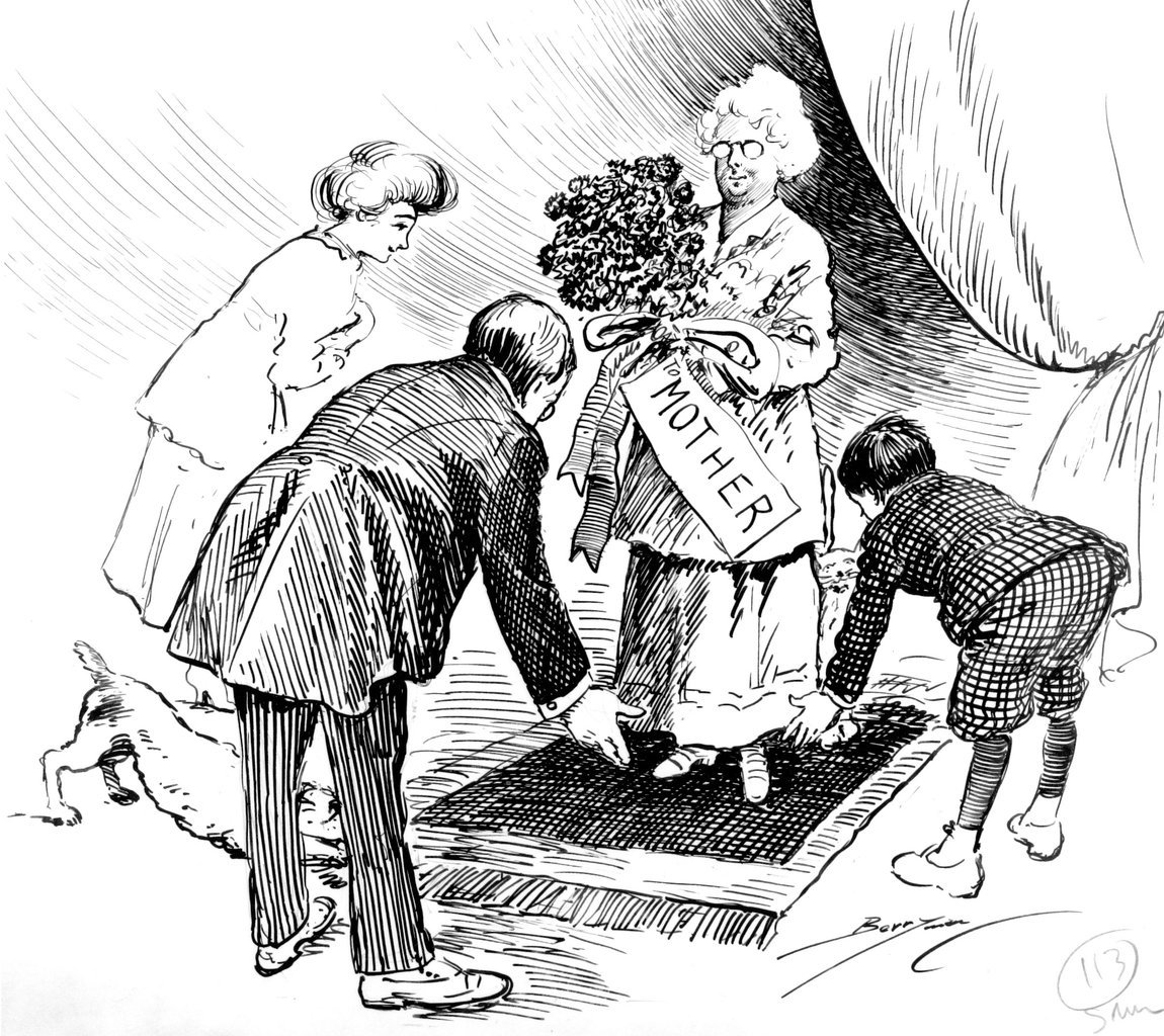 Père, fille, fils et chien s'inclinent devant la mère de famille (dessin de Clifford Berryman -1924).