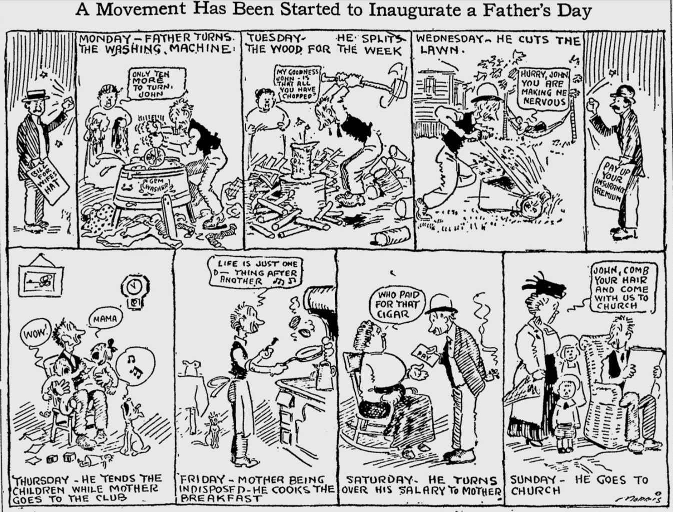 Dessin humoristique en première page du « Spokesman Review » du 20 juin 1910. En légende : « Isn't every day father's day ? » [N'est-ce pas la fête des pères tous les jours ?]