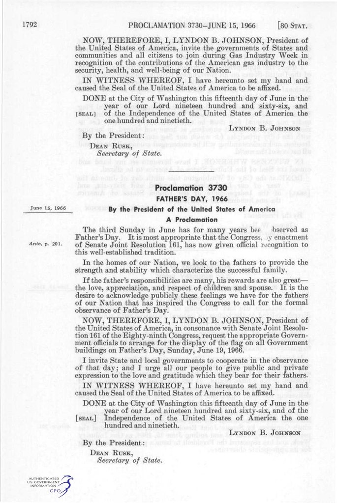 Proclamation 3730 du 15 juin 1966 par le président Lyndon B. Johnson