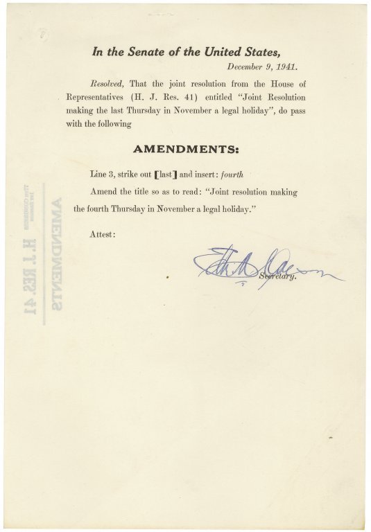 "Senate Amendments to H.J. Res. 41, Making the Fourth Thursday in November a Legal Holiday", le 9 décembre 1941