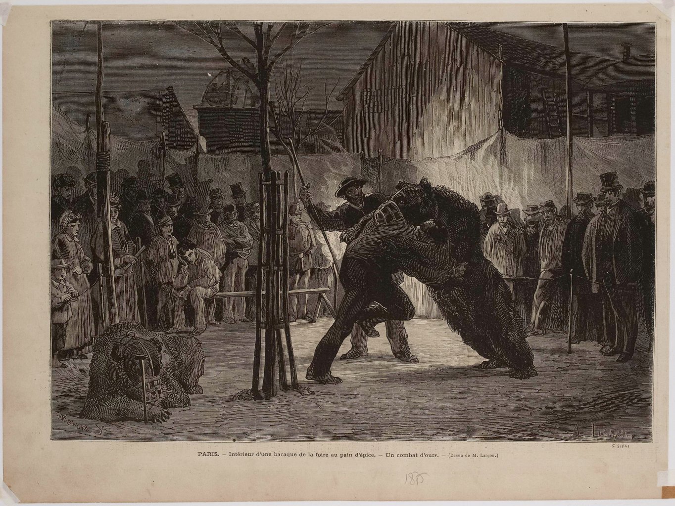 Combat d'ours à l'intérieur d'une baraque de la foire au pain d'épice, par Auguste-André Lançon (1875).