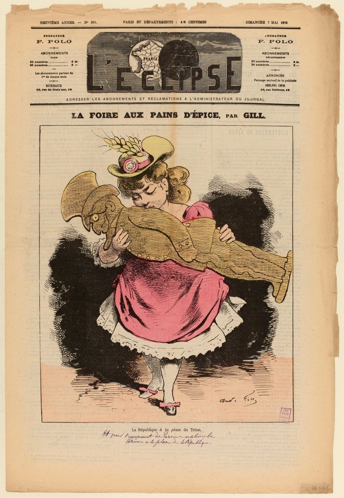 Représentation de Louis‑Adolphe Thiers. « La foire aux pains d'épice », par Gill (L'Eclipse, n°393, dimanche 7 mai 1876).