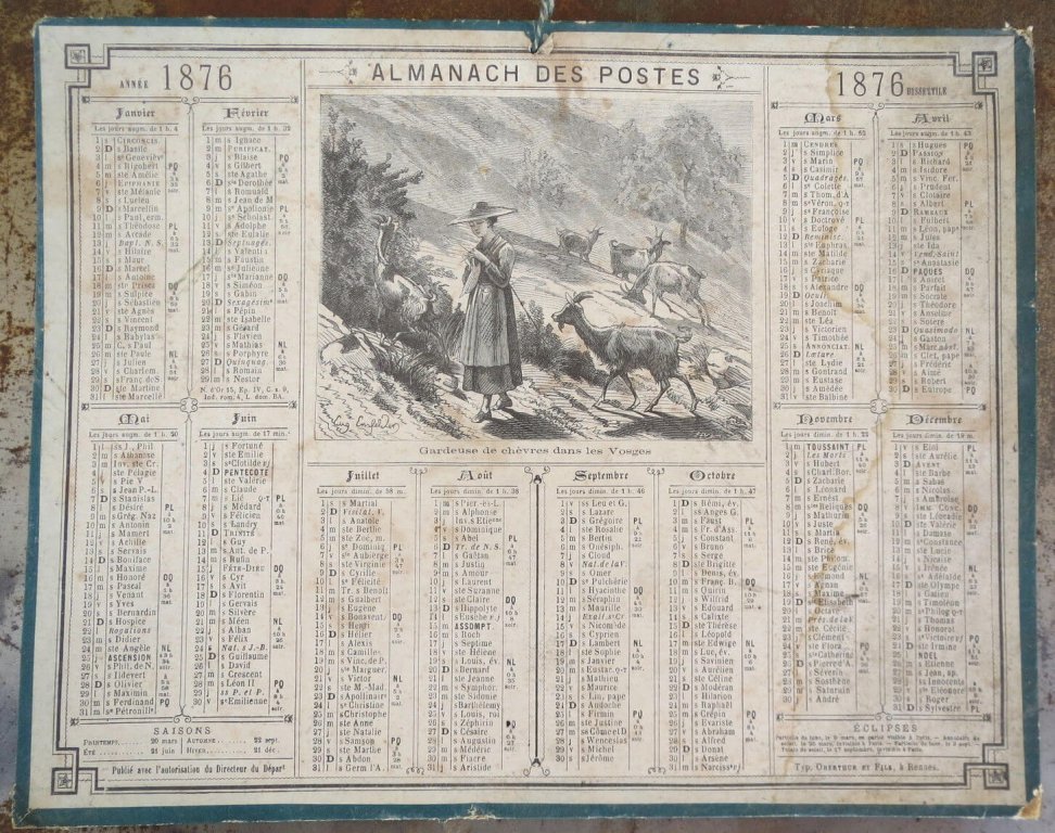 Almanach des Postes de 1876, illustré par une garde-chèvres dans les Vosges
