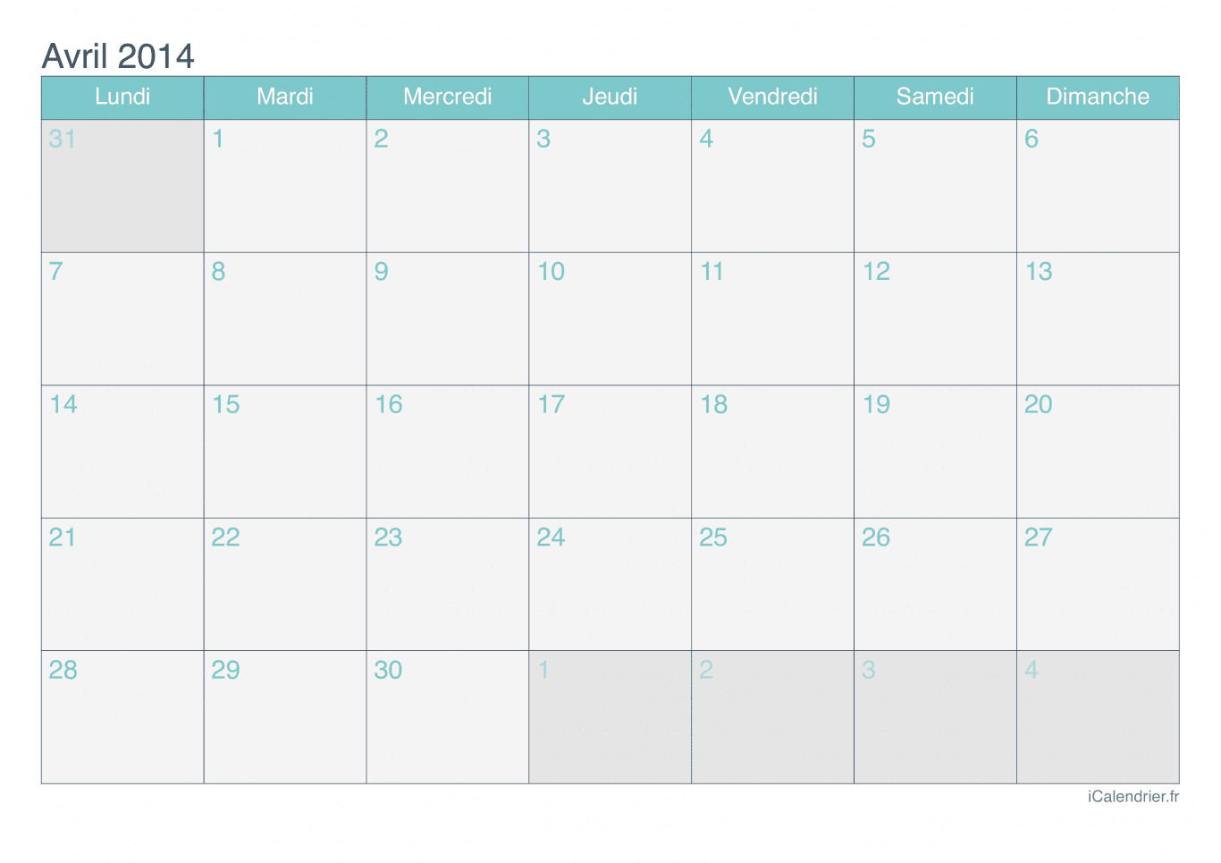 Calendrier d'avril 2014 - Turquoise