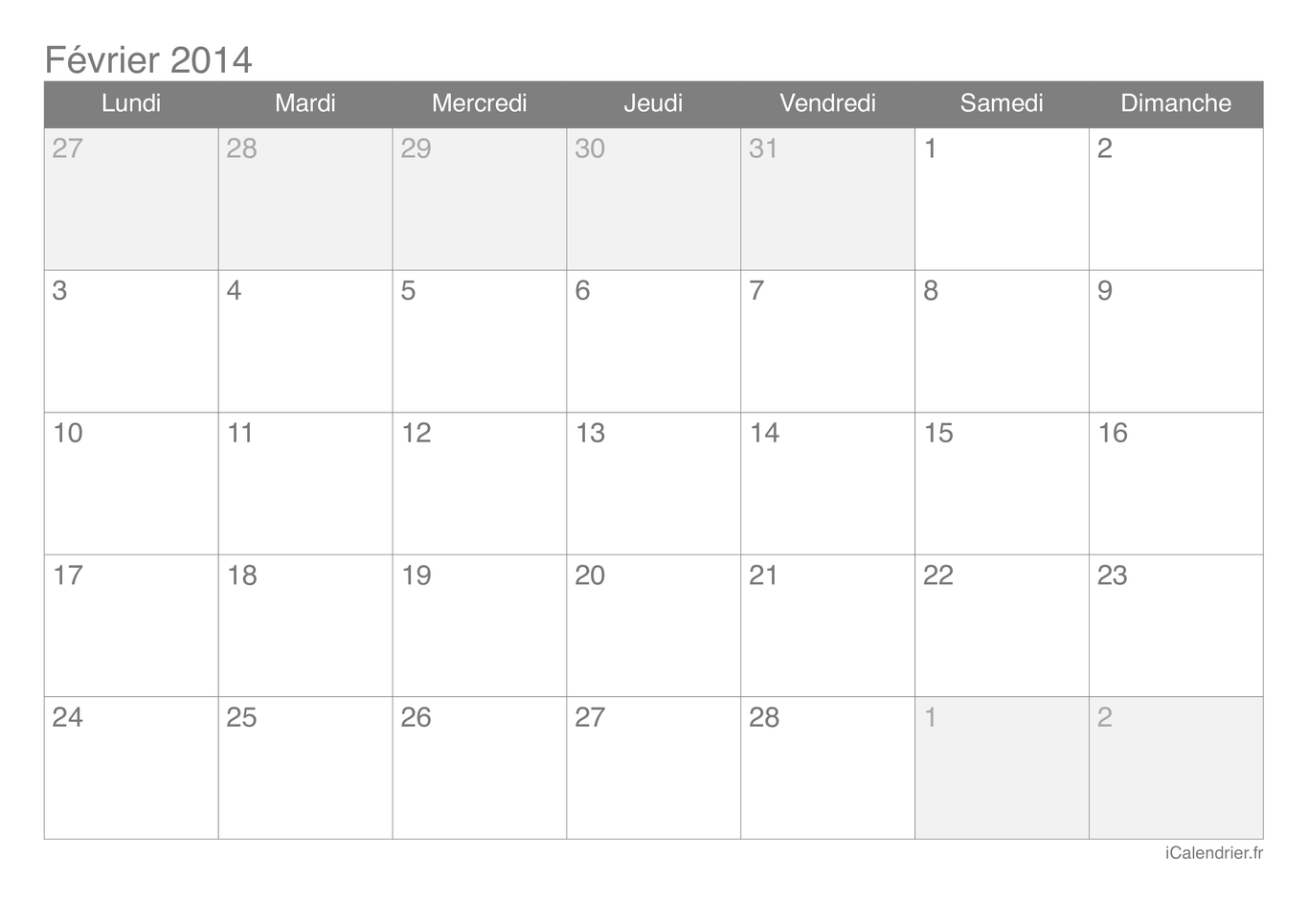Calendrier de février 2014