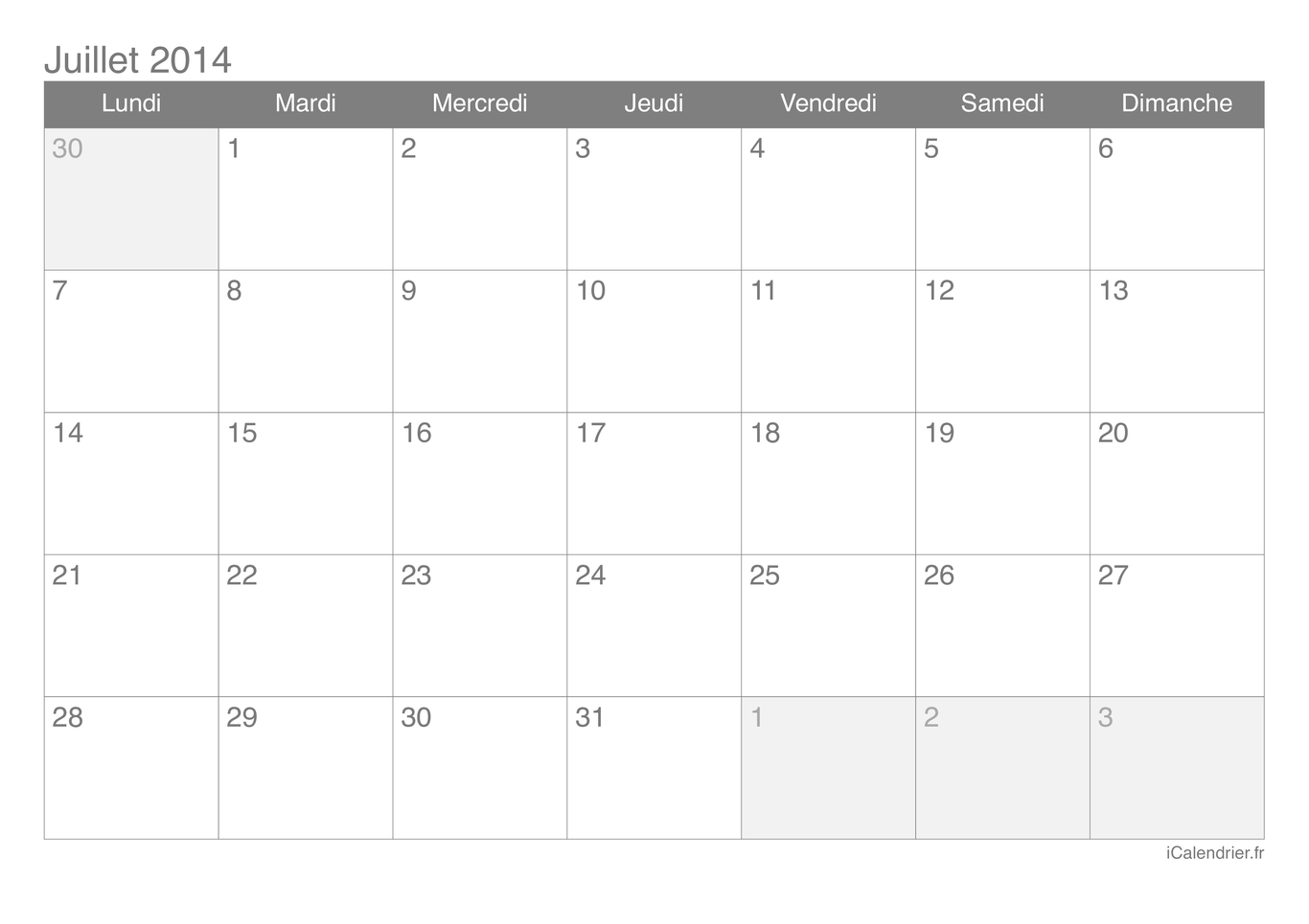 Calendrier de juillet 2014