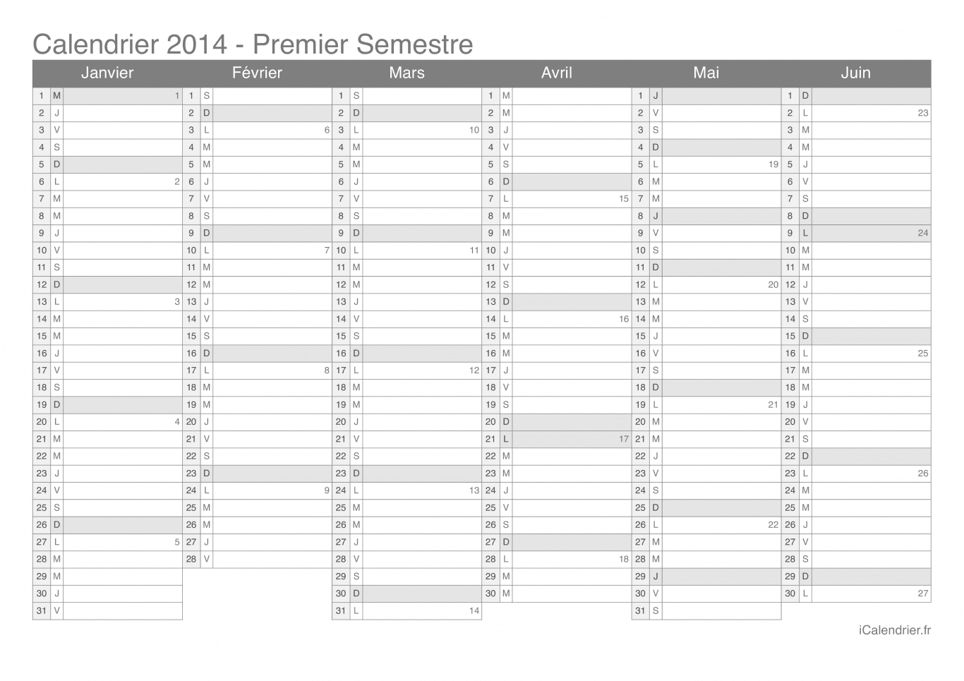 Calendrier par semestre avec numéros des semaines 2014