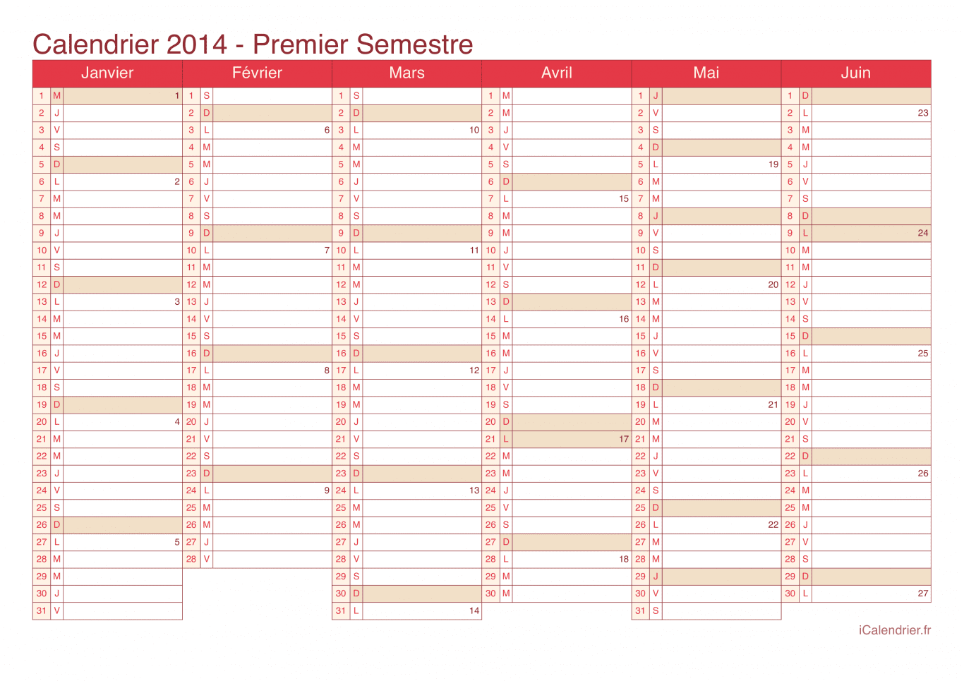 Calendrier par semestre avec numéros des semaines 2014 - Cherry