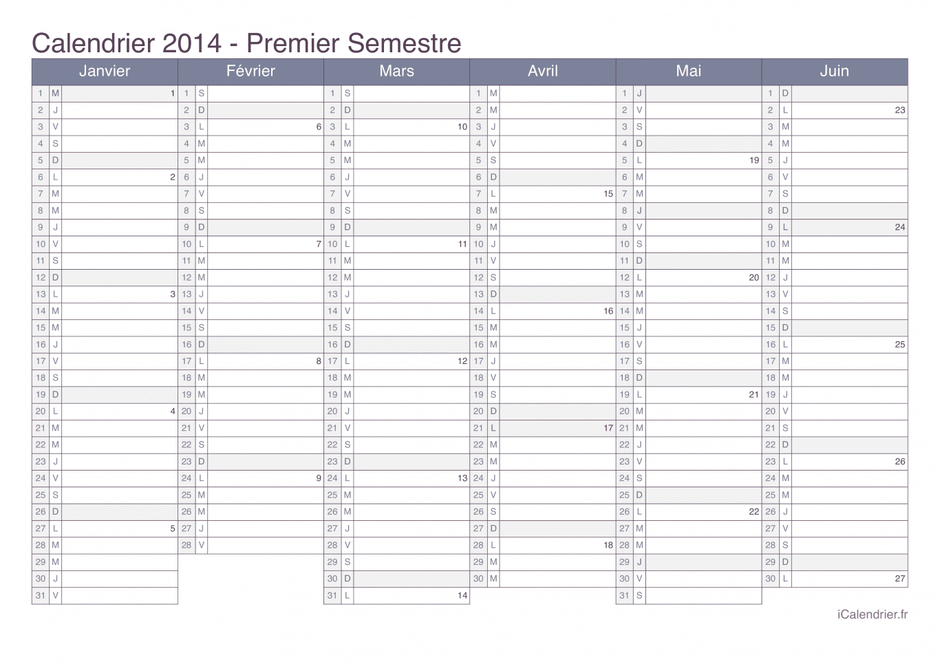 Calendrier par semestre avec numéros des semaines 2014 - Office