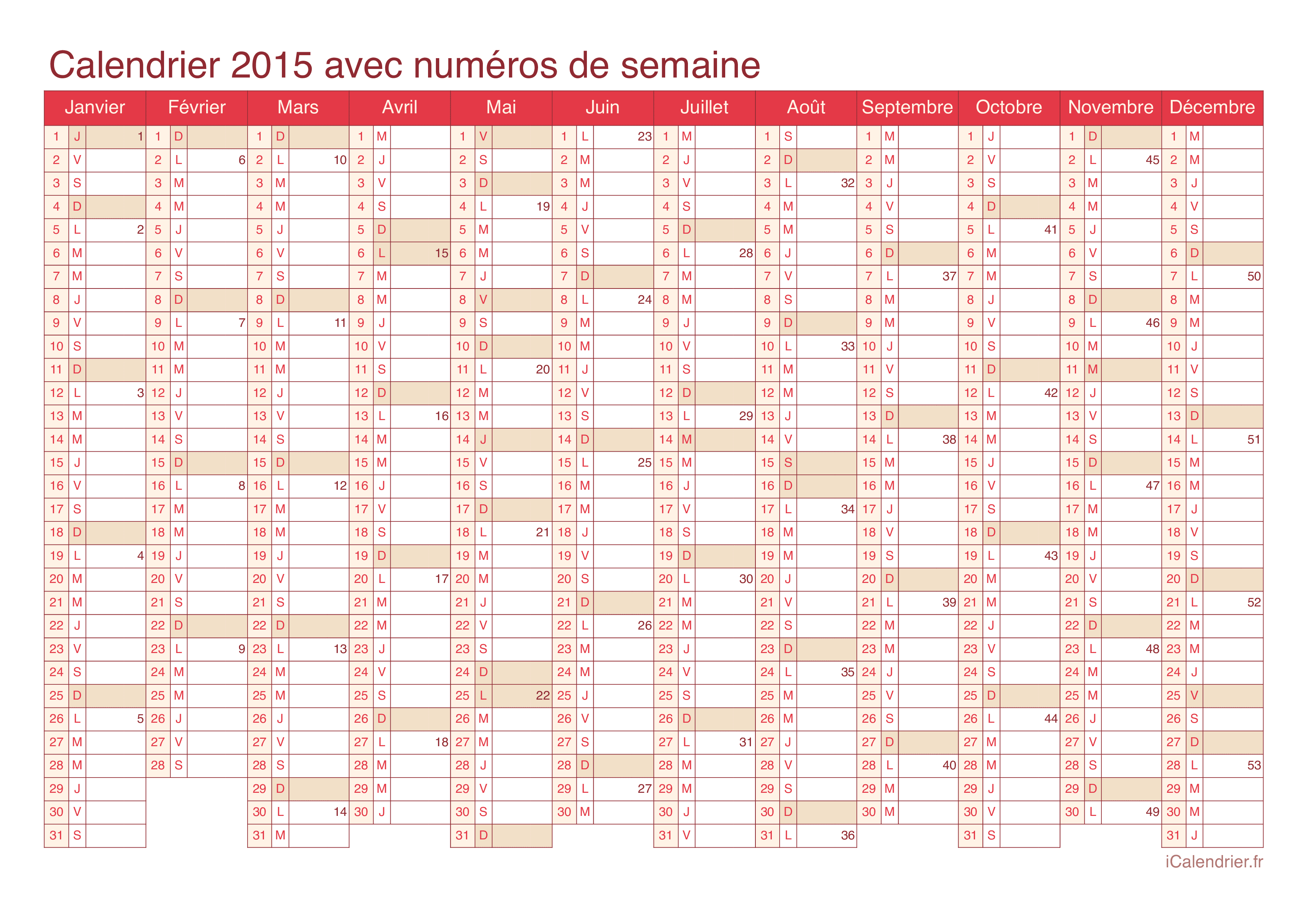 Calendrier 2015 avec numéros de semaine - Cherry