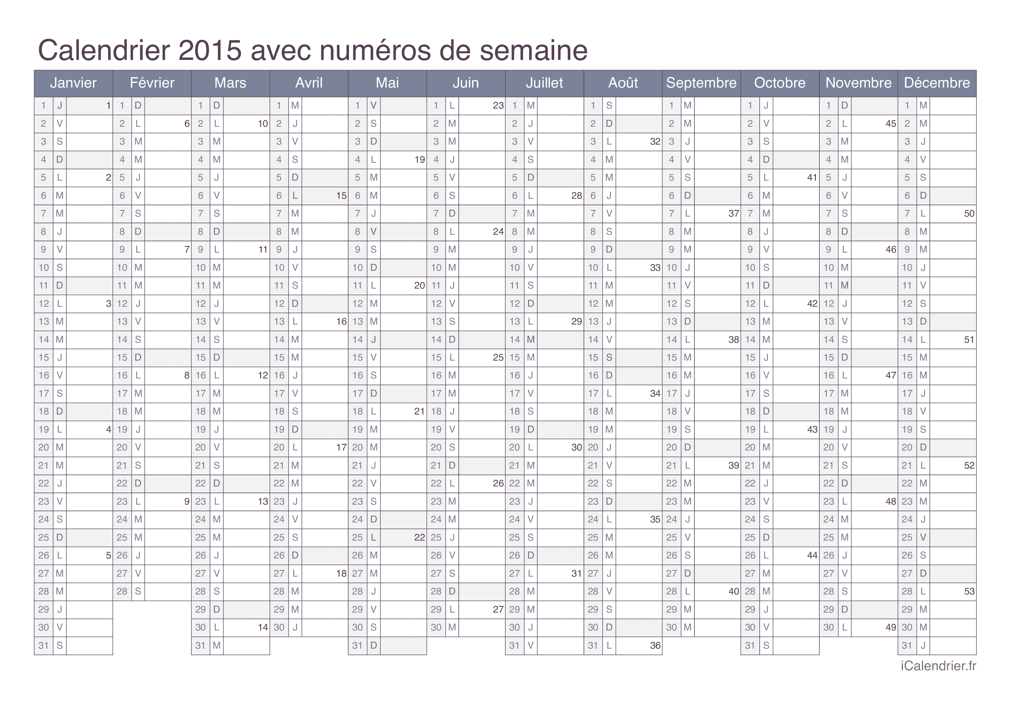 Calendrier 2015 avec numéros de semaine - Office