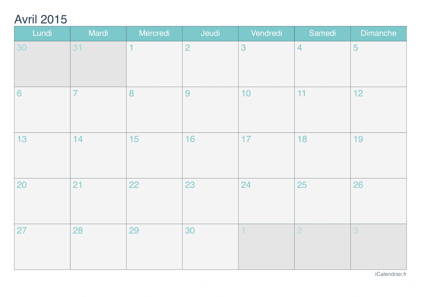 Calendrier d'avril 2015 - Turquoise