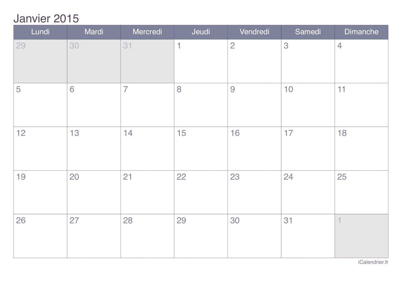 Calendrier par mois 2015 - Office