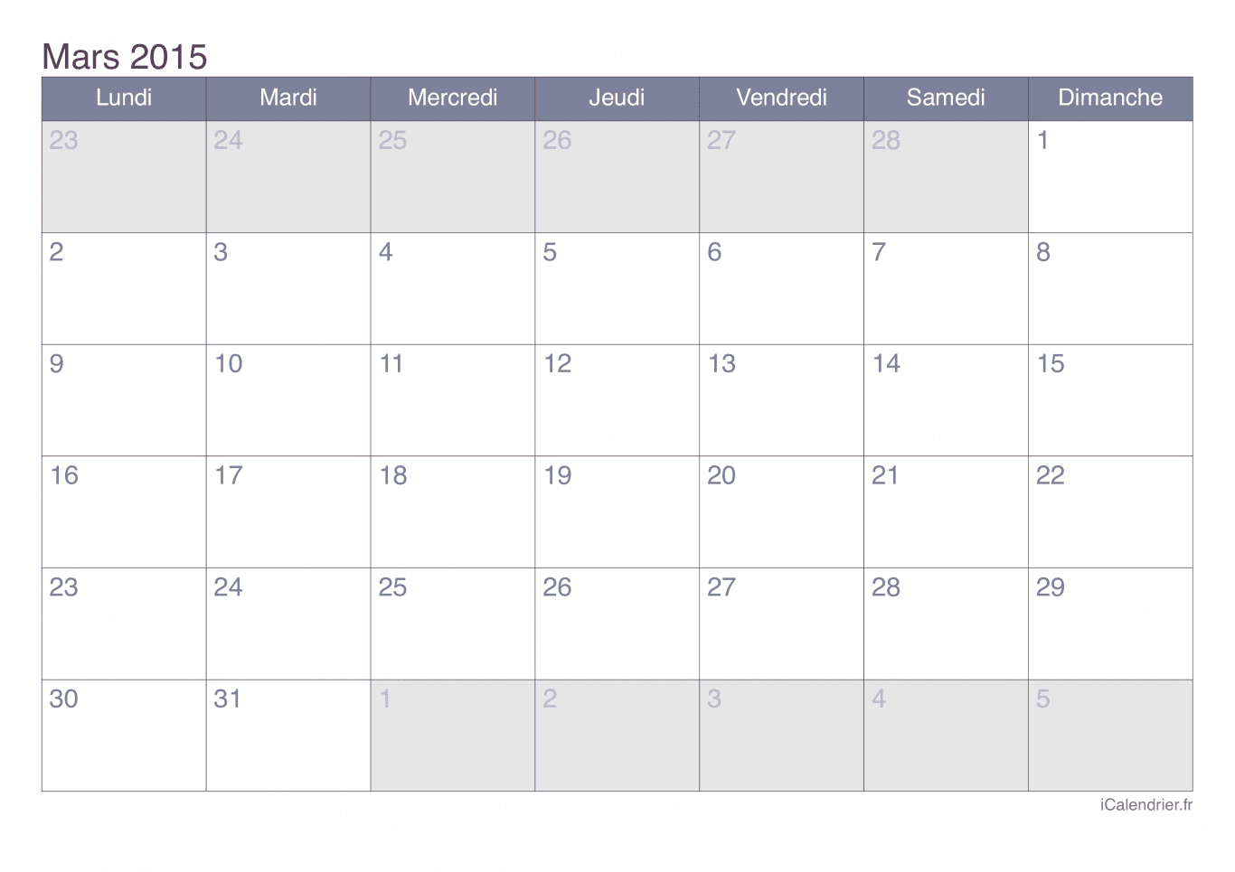 Calendrier de mars 2015 - Office