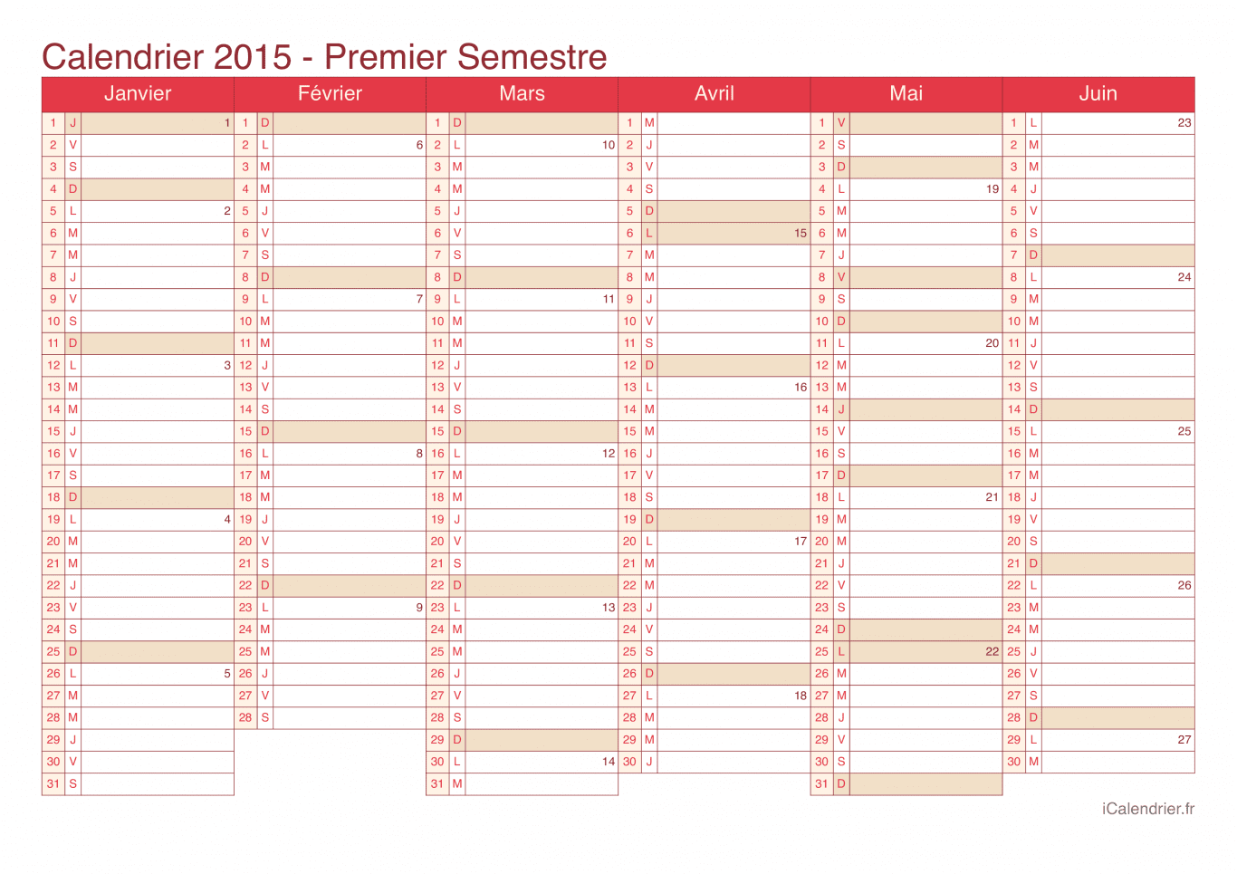 Calendrier par semestre avec numéros des semaines 2015 - Cherry