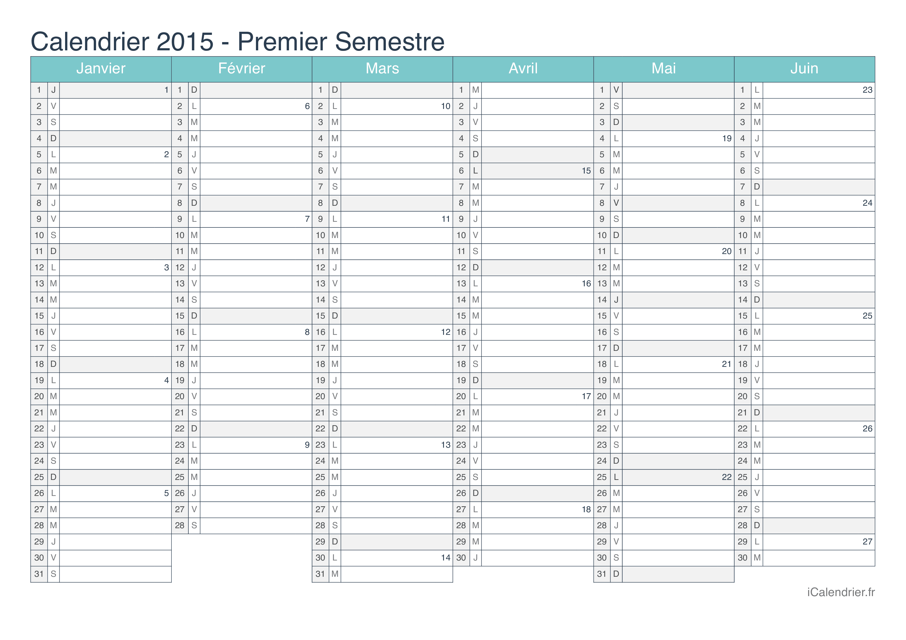 Calendrier par semestre avec numéros des semaines 2015 - Turquoise