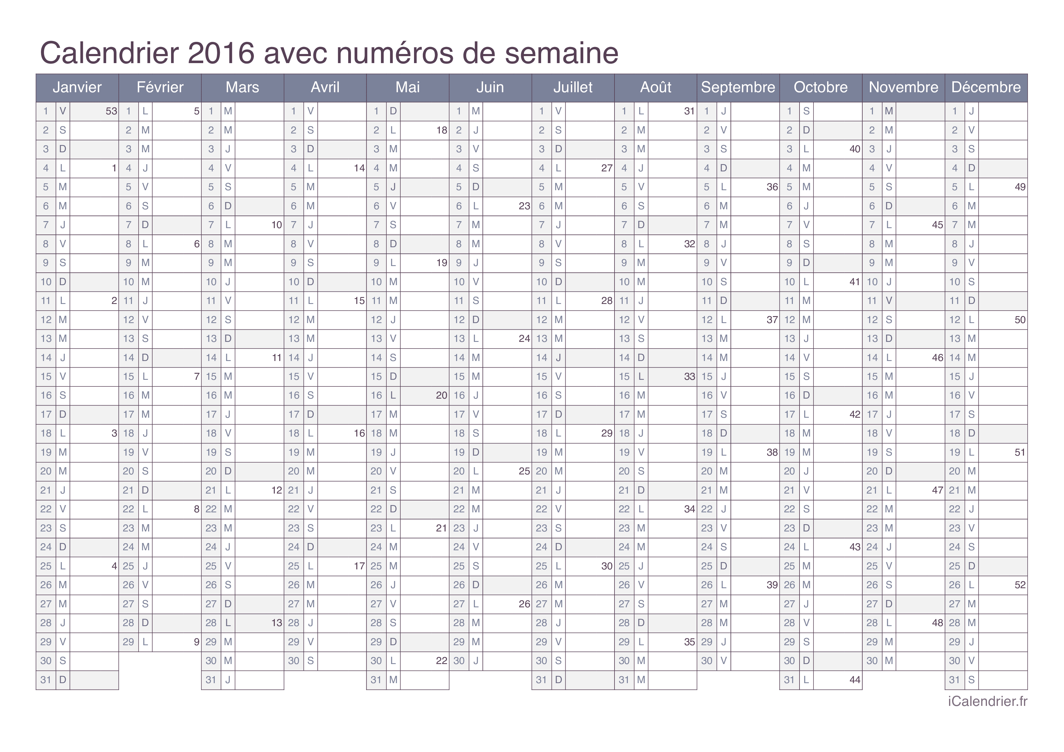 Calendrier 2016 avec numéros de semaine - Office