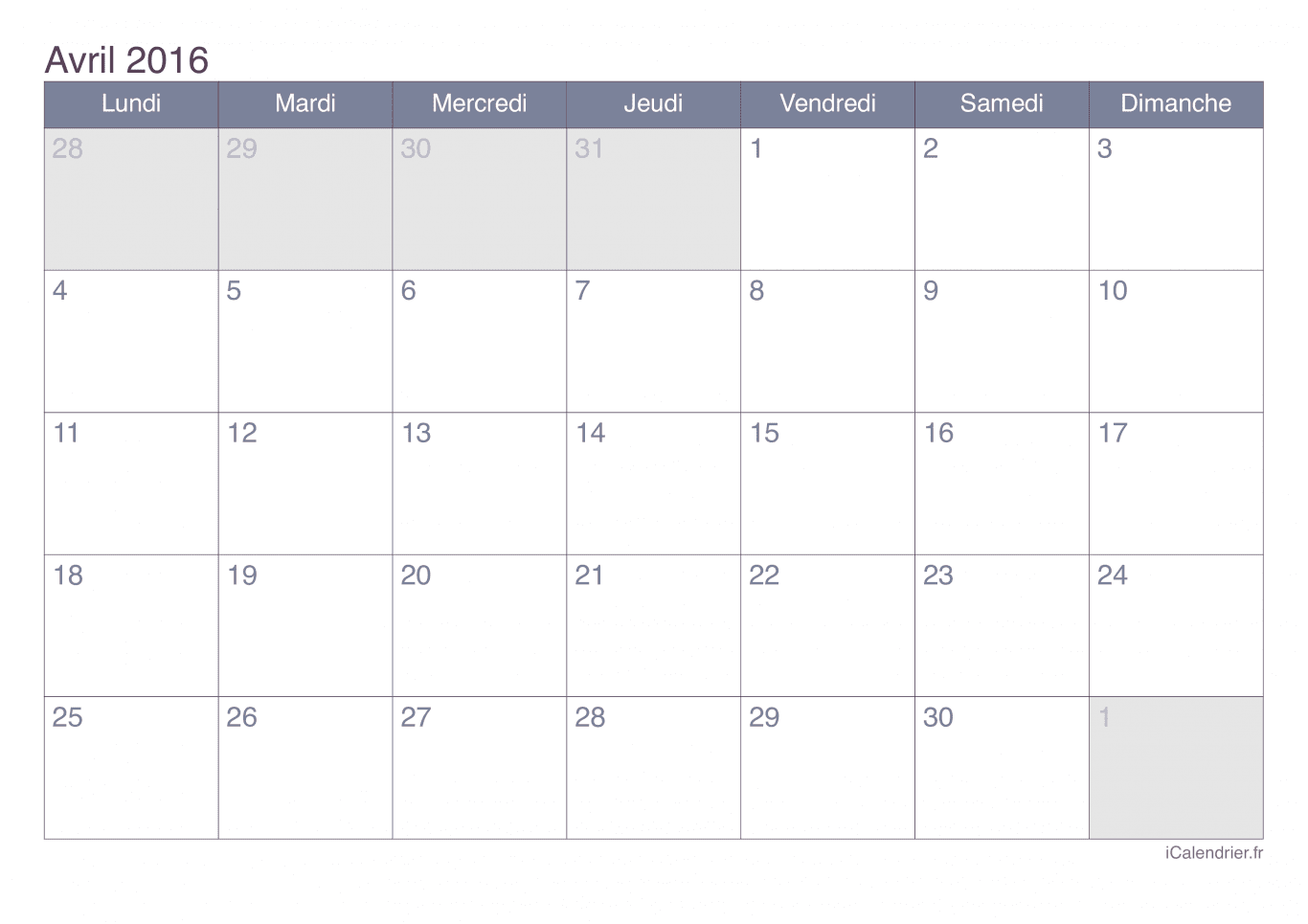 Calendrier d'avril 2016 - Office