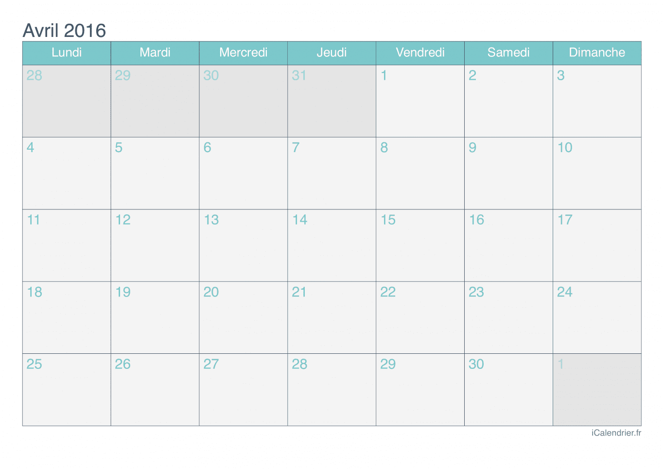 Calendrier d'avril 2016 - Turquoise