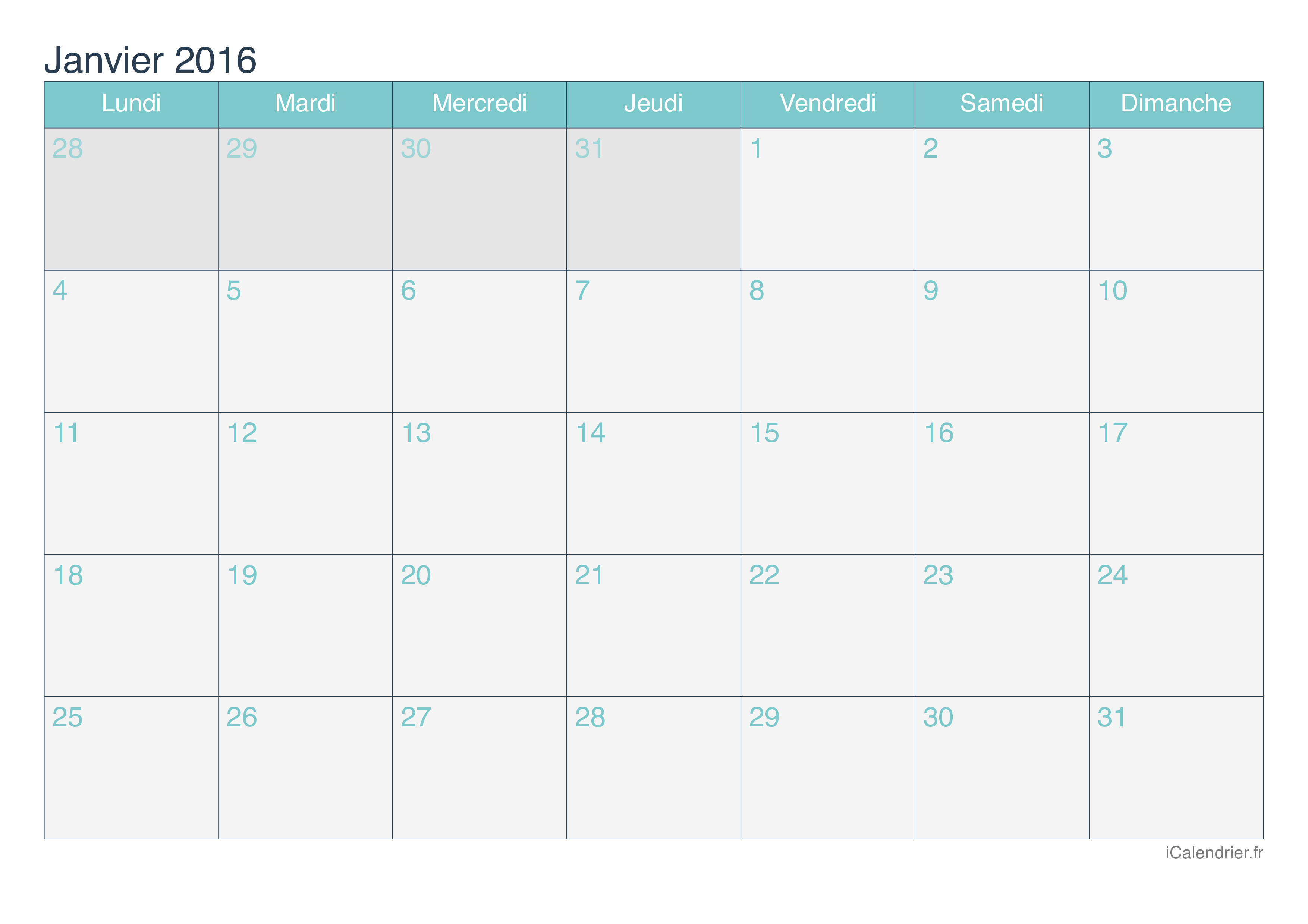Calendrier par mois 2016 - Turquoise