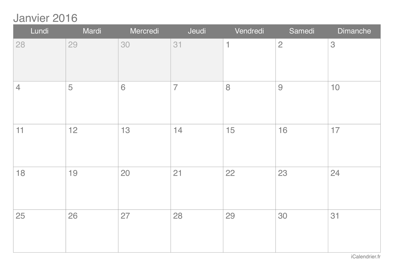 Calendrier par mois 2016
