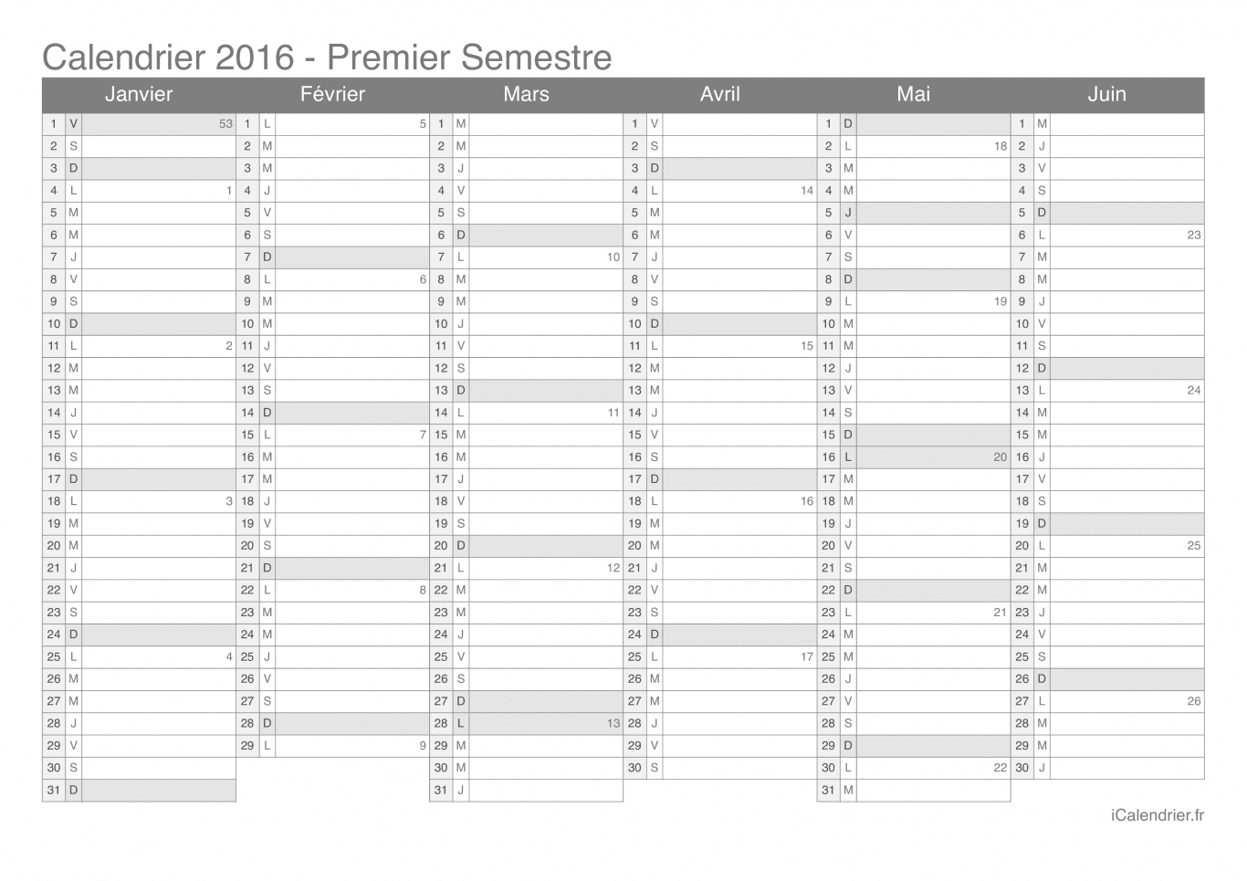Calendrier par semestre avec numéros des semaines 2016